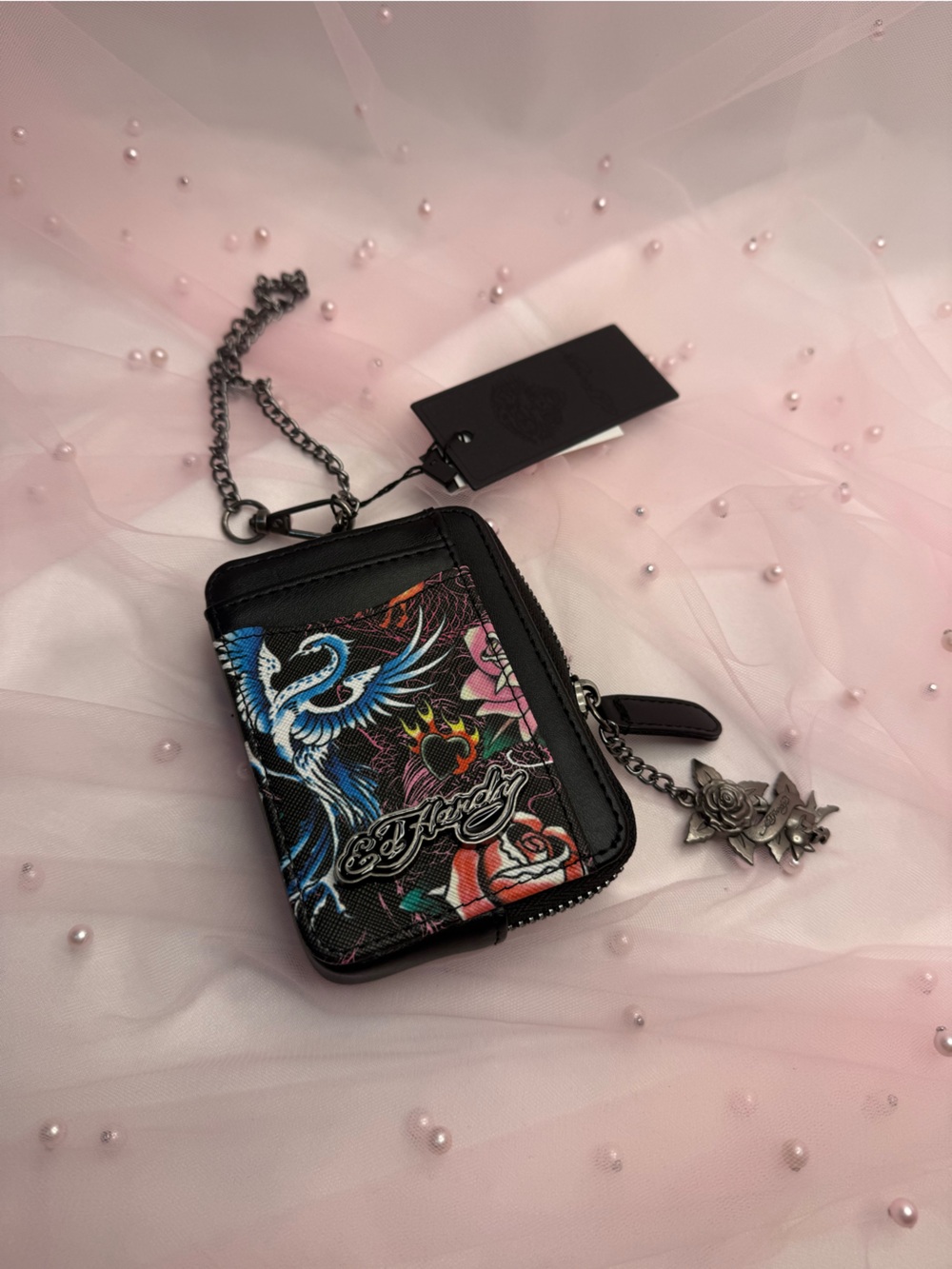 Ed Hardy Black Multicolor Dragon Tattoo Zip-Around Wallet Wristlet Chain ID